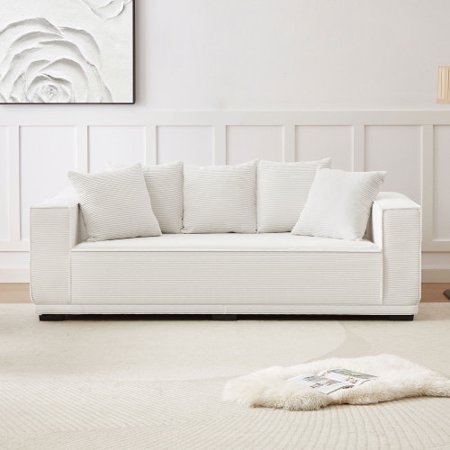 88.97'' Mid Century Modern Exquisite Upholstered Sofa with 5 Matching Toss Pillows, Including bottom frame,Comfy Couches for Living Room,Bedroom,Apartment and Office,White Corduroy
