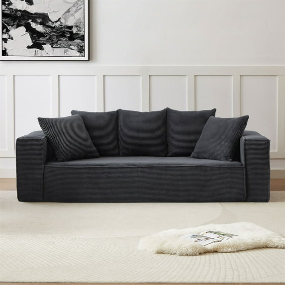 88.97”W Corduroy Sofa Couch with 5 Pillows, Modern 3 Seater Comfy Cloud Couches Filled with Thick Foam for Living Room Apartment Bedroom Office Small Space, Bottom Frame, Black
