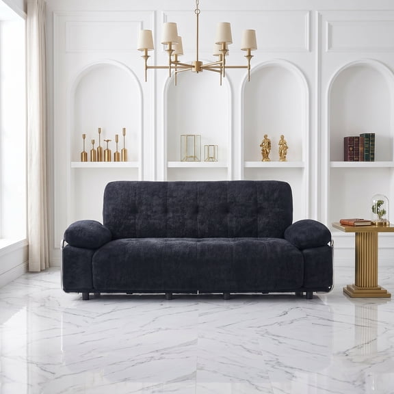 88.98" Modern Chenille Sofa Couch, 3 Seater Living Room Furniture with Compression Seat Cushions, Pocket Spring Support, Steel Frame, Black