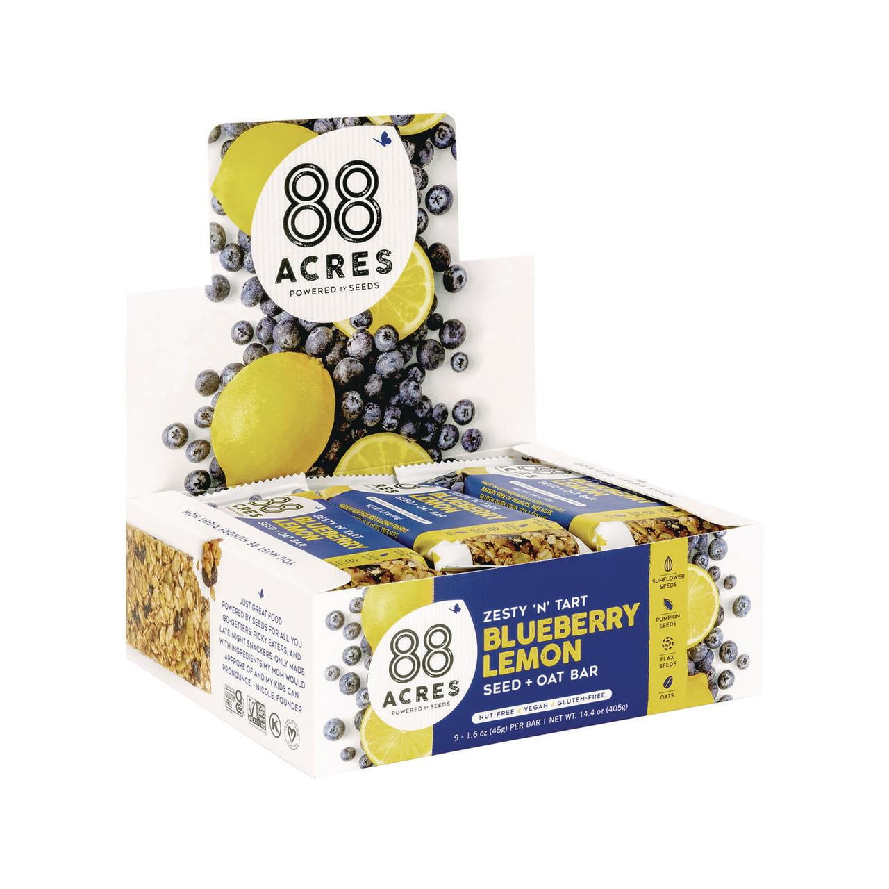 88 ACRES Warm 'N Chewey Gluten-Free Blueberry/Lemon Seed and Oat Bar, 1.6 oz Bar, 9/Box