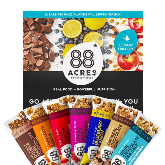 88 Acres Granola Bars Variety Pack, 12 Count, School Safe, Allergen Free Seed & Oat Snack Bar, Gluten & Nut Free, Vegan, Non-GMO & Kosher, Individually Wrapped
