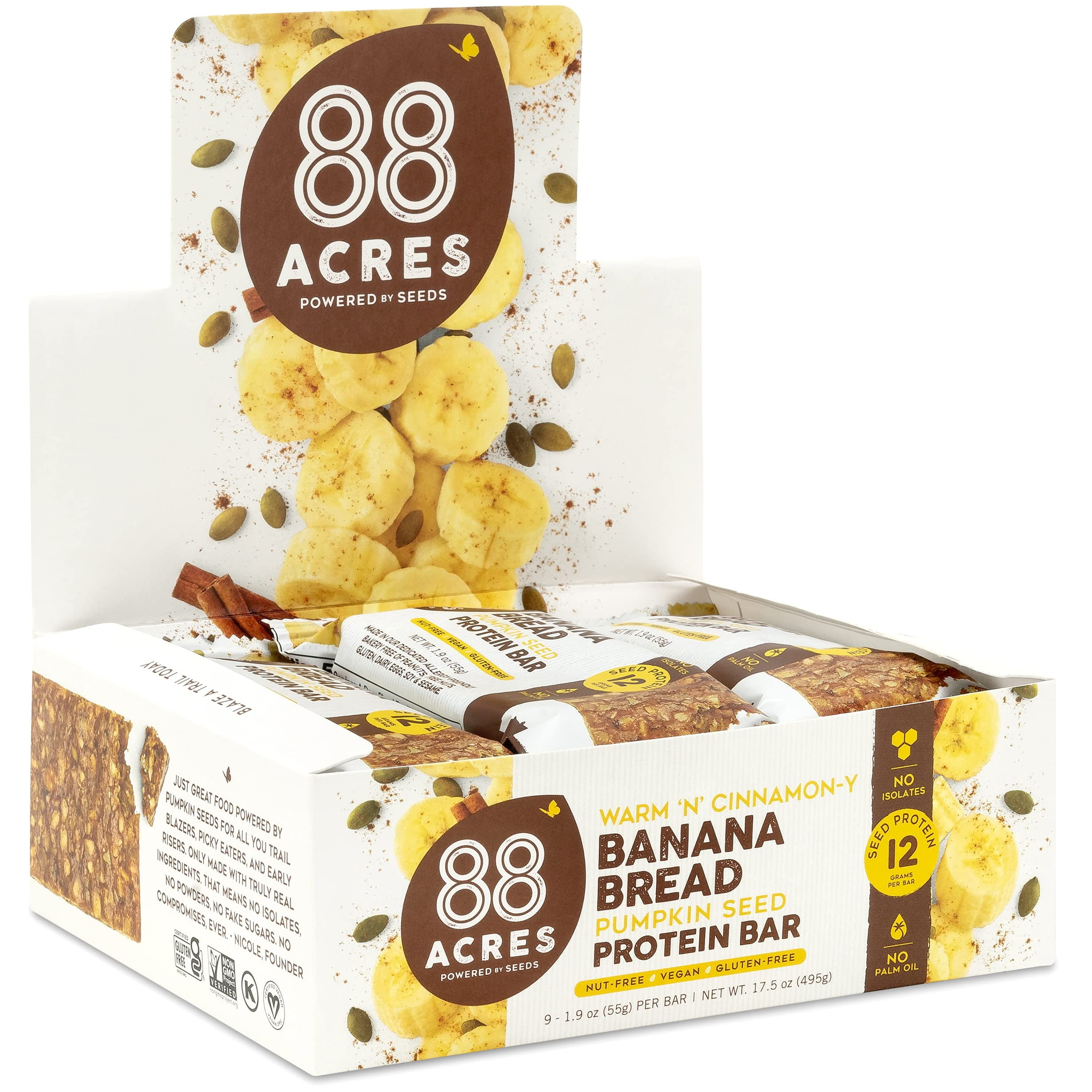 88 Acres Plant Based MMF7 Seed Protein Bar 9 Pack, Banana Bread 12g