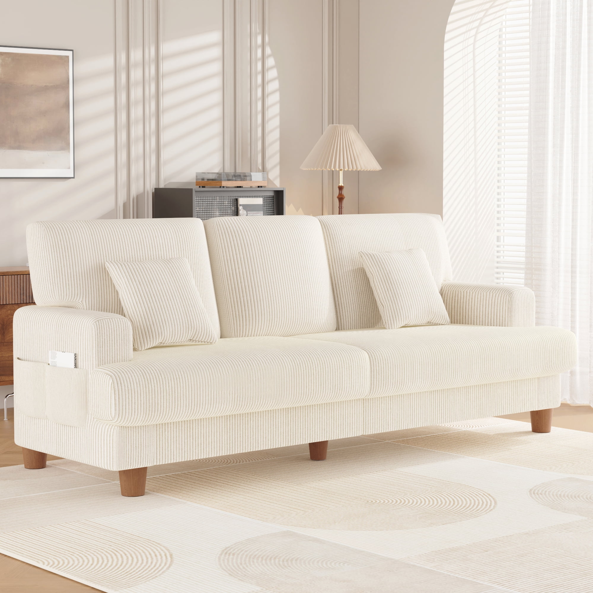 AAQZ 87" Corduroy Sofa Couch for Living Room, 3 Seater Deep Seat Comfy Couch in a Box, 2 Cushions, 2 Pillows Tool-Free Setup,Beige