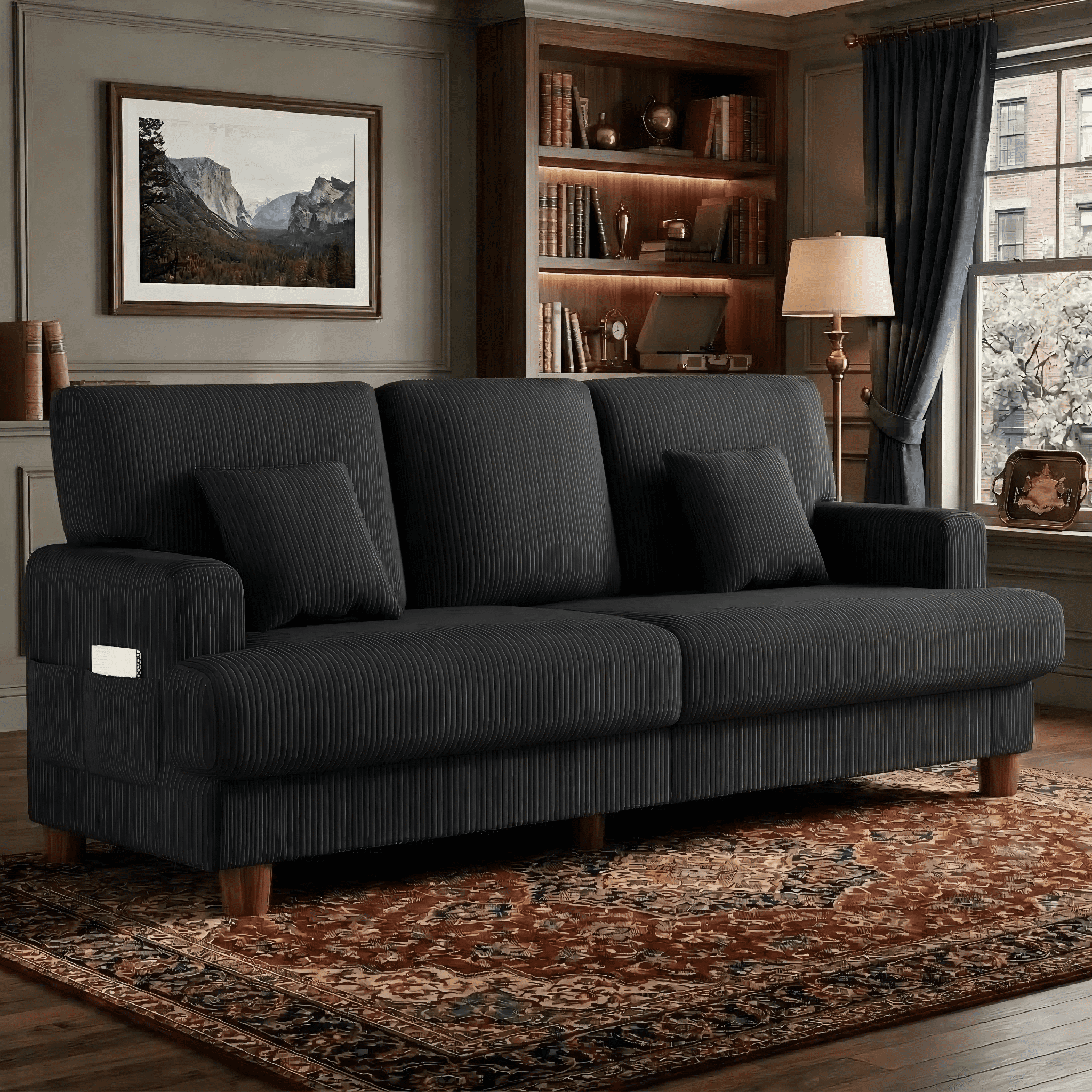 AAQZ 87" Corduroy Sofa Couch for Living Room, 3 Seater Deep Seat Comfy Couch in a Box, 2 Cushions, 2 Pillows Tool-Free Setup,Black