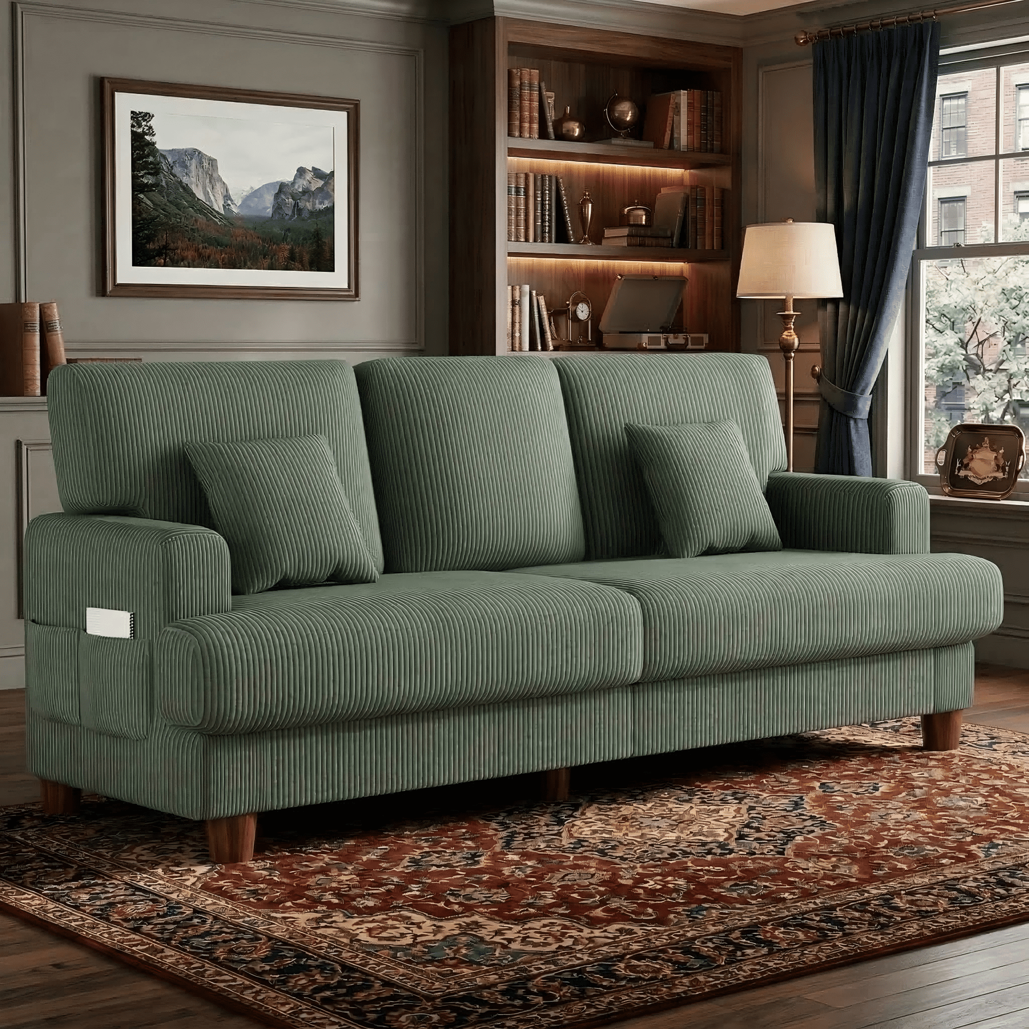 AAQZ 87" Corduroy Sofa Couch for Living Room, 3 Seater Deep Seat Comfy Couch in a Box, 2 Cushions, 2 Pillows Tool-Free Setup,Green