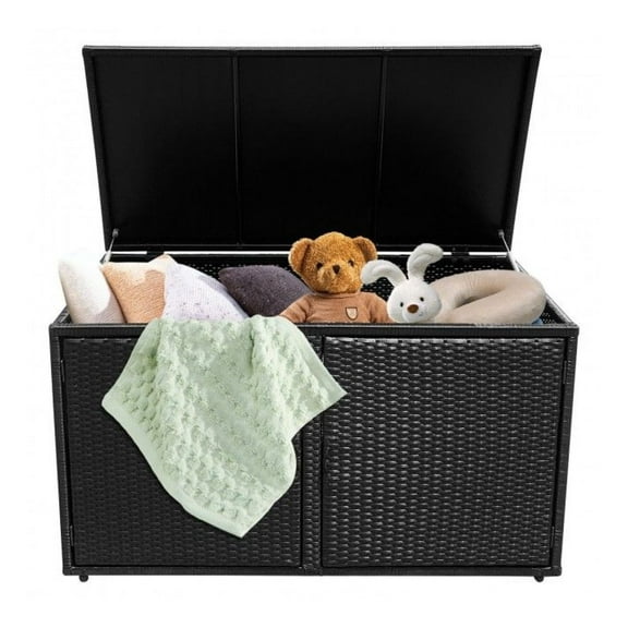 88 Gallon Rattan Storage Box, Outdoor Patio Deck Storage Container Bench, Weatherproof Garden Storage Cabinet with Shelf, Large Capacity Multi-Use Box