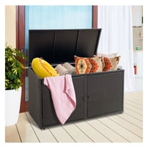 88 Gallon Rattan Storage Box, Outdoor Patio Deck Storage Container, Weather Resistant Garden Storage Cabinet with Shelf, Large Capacity, Dual Access, Steel Frame, for Cushions & Tools