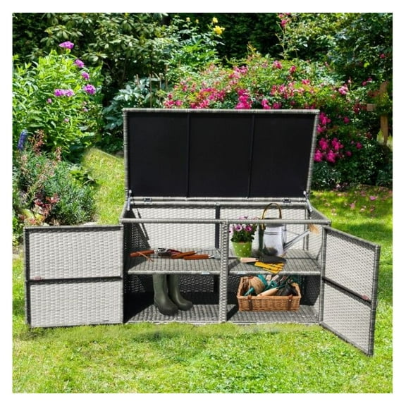 88 Gallon Rattan Storage Box, Outdoor Patio Deck Storage Container, Weatherproof Garden Storage Cabinet with Shelf, Large Capacity, Dual Access, Steel Frame, for Cushions & Tools