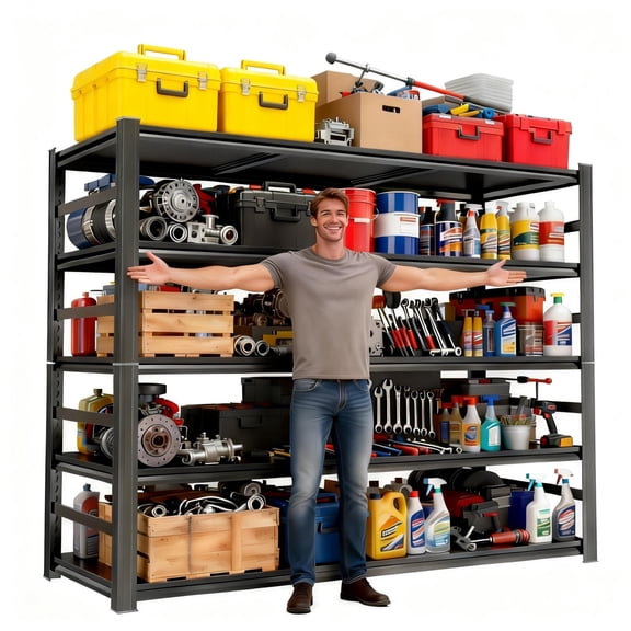 87"H × 48"W 5-Tier Garage Shelving Heavy Duty, 3000lb Capacity Metal Shelving Unit, Adjustable Shelving, Double-Layer Columns, Reinforced Ribs, Industrial Shelves for Garage, Basement, Black