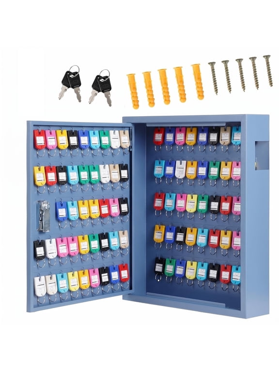 88 Key Cabinet Organizer Wall Mount, Heavy Duty Steel Key Lock Box with 88 Hooks and Colored Tags, Secure Key Storage Lockbox with 2 Keys for Office, Hotel, Valet Parking, School, Blue