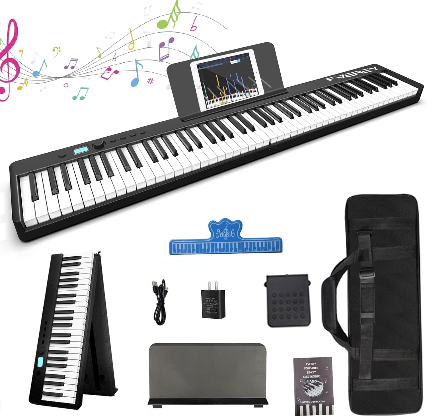 88-Key Folding Digital Piano Keyboard, Weighted, Full Size with Sustain Pedal, Handbag, Bluetooth, USB MIDI for Beginner, Adult