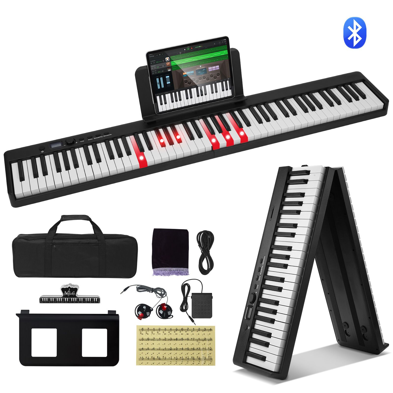 Piano de teclado plegable de 88 teclas, Bluetooth y MIDI, piano digital electrónico portátil y plegable con pedal de sustain, bolso, teclas sensibles al tacto, audífonos, recargable para principiantes, adolescentes y adultos, negro