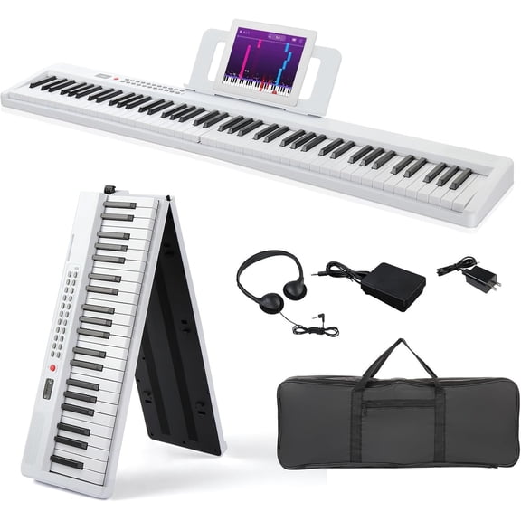 88 Key Keyboard Piano Foldable Piano Keyboard with 1000 Rhythms, 1000 and 50 Demos, Audio & MIDI, 3 Teaching & 2 Power Modes, Full Equipment for Beginner (Compact-White)