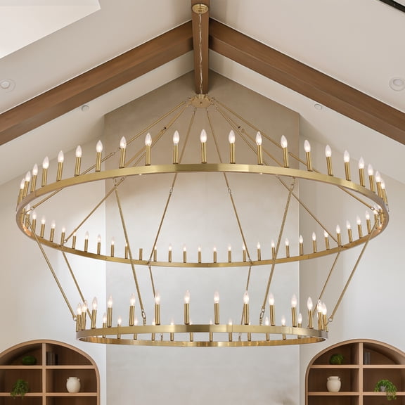 88-Light Gold Wagon Wheel Chandelier, 2-Tier Extra Large Circular Pendant Light, Industrial Farmhouse Dimmable Lighting for High Ceiling Foyer Staircase Living Room Dining Room, E12 Base