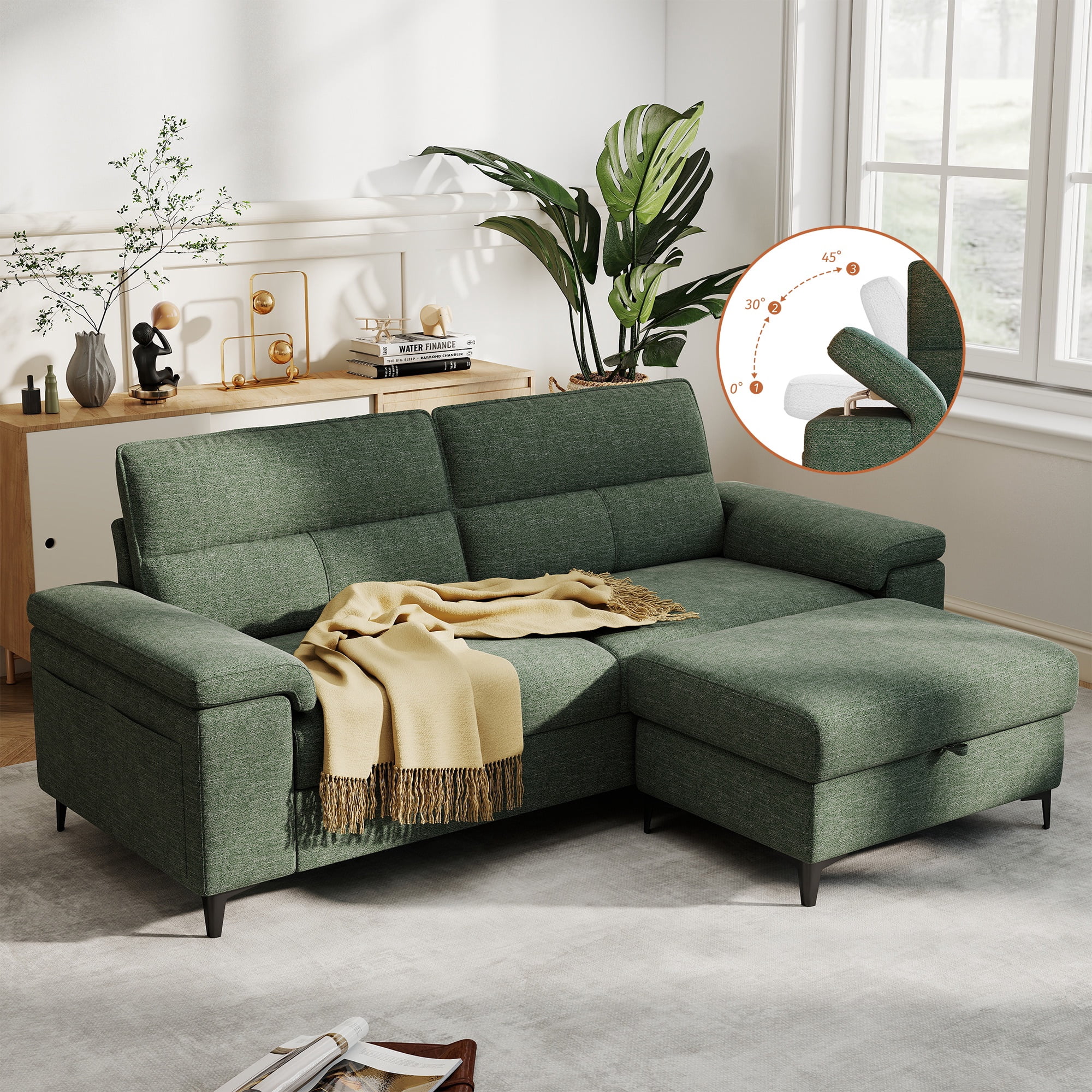 88" Loveseat Sofa with Storage Ottoman Adjustable Armrest 3-Seat L-Shaped Sectional Couch for Living Room Green