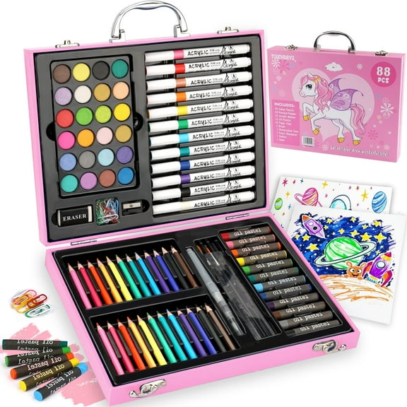 IZZONI 88-Piece Deluxe Drawing Kit with Oil Pastels, Colored Pencils, Markers, Watercolor Cakes & Brush