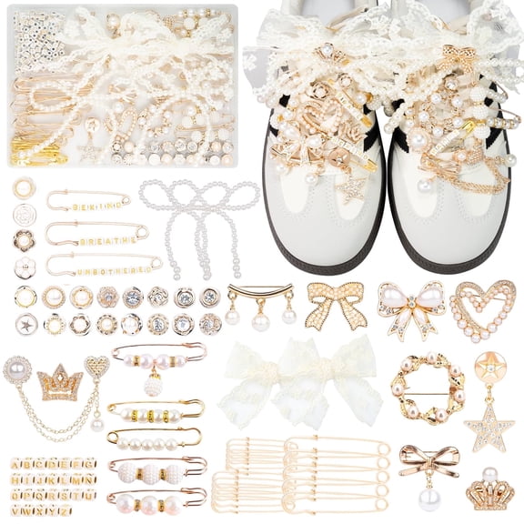 80 Pcs Boxed Junk Socks Charms Kit for Women, Gold Bling Jewelry Charms with Pearl Rhinestone Brooch Safety Pins Lace Bows and Letters for Shoes Sneakers Hats
