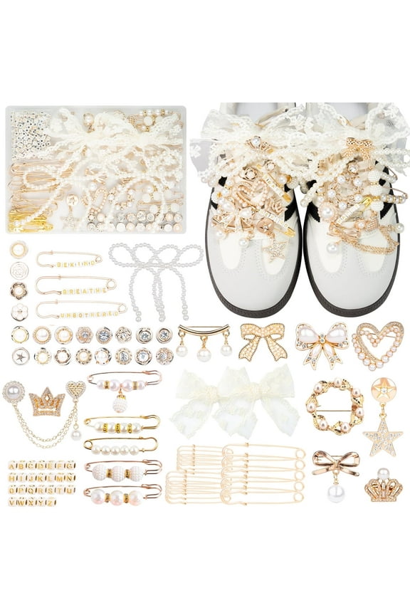 80 Pcs Boxed Junk Socks Charms Kit for Women, Gold Bling Jewelry Charms with Pearl Rhinestone Brooch Safety Pins Lace Bows and Letters for Shoes Sneakers Hats