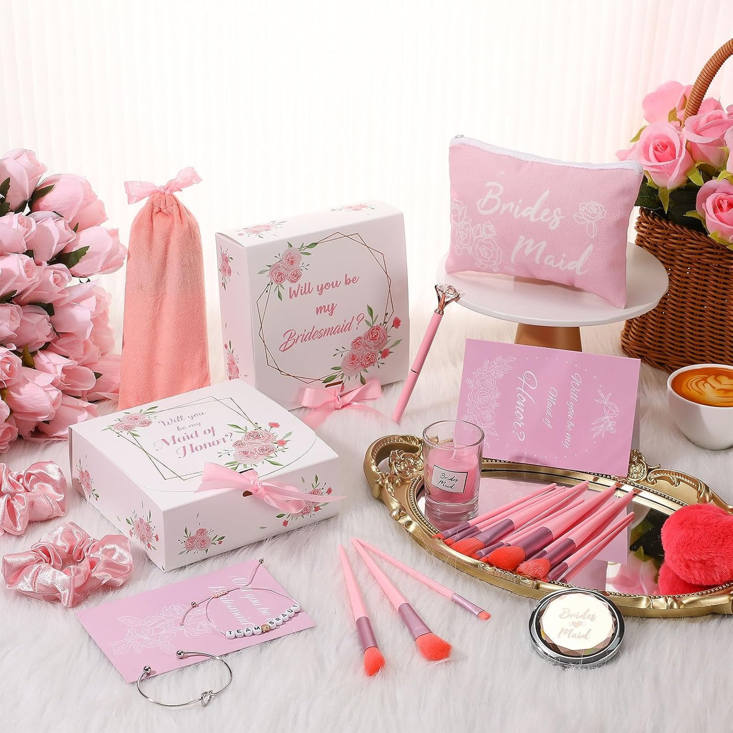 88 Pcs Bridesmaid Proposal Gifts Bridesmaid Box Set Maid of Honor Gift Include Box Candle Invited Cards Scrunchies Hair Elastics Ties Knotted Bracelets Diamond Pens