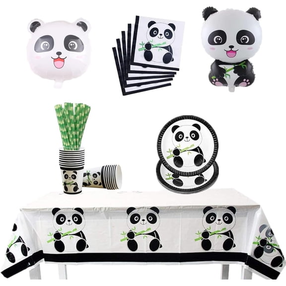 88 Pcs Panda Disposable Tableware Set, Include Cup Plate Napkins Paper Straws Tablecloth and Balloon, Baby Shower Party Supplies Birthday Party Decorations, Serves 20 Guests