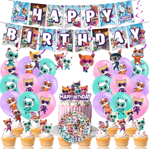 88 Pcs Super Kitties Party Decorations, Cartoon Super Kitties Birthday Party Supplies Include Happy Birthday Banner, Balloons, Cupcake Cake Toppers Stickers for Kids Girls Boys Party Favors