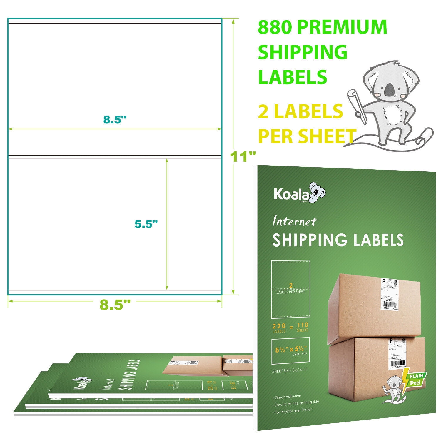 880 Koala Shipping Labels for Laser and Inkjet Printers 5.5x8.5 Half