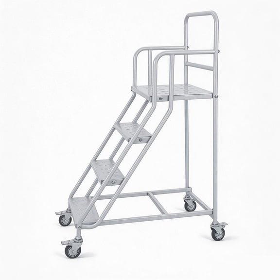 880 LBS 4 Step Rolling Ladder with Safety Handrails & Lockable Wheels, Heavy Duty Industrial Platform Ladder with Anti-Slip Platform for Warehouse Library