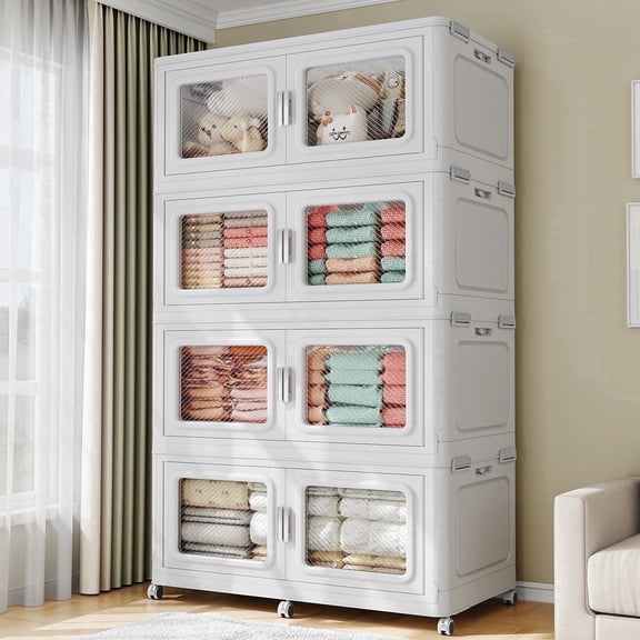 880Qt Extra Large Stackable Storage Bins with Lid, 220Gal Collapsible Closet Organizer and Storage Drawers with Wheels, Plastic Storage Box, 3Packs, White