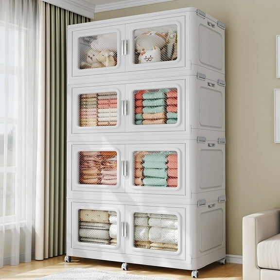 880Qt Extra Large Stackable Storage Bins with Lid, 220Gal Collapsible Closet Organizer and Storage Drawers with Wheels, Plastic Storage Box, 3Packs, White