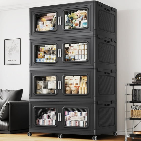 880Qt Extra Large Stackable Storage Bins with Lids, 220Gal Collapsible Closet Organizer and Storage Drawer with 6x Wheels, Plastic Box, 4Packs, Black