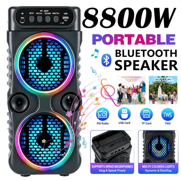 8800W Portable Wireless PA Speaker – RGB Lighting, Subwoofer, FM Radio & Multi-Input