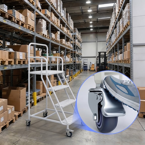 880LBs Load Capacity 4 Steps Rolling Ladder, Rolling Warehouse Step Ladder, Steel Industrial Platform Ladders with Handrails for Industrial Site