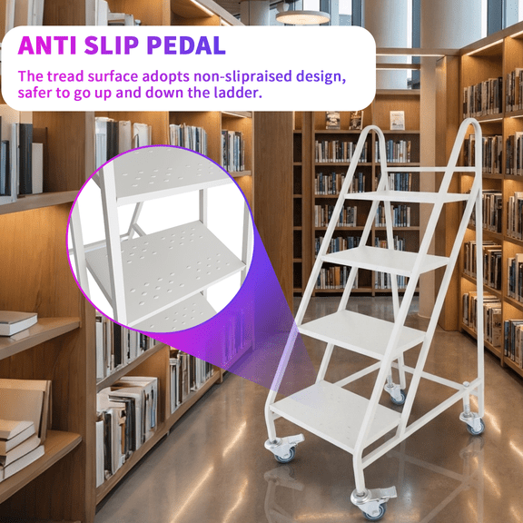 880LBs Load Capacity 4 Steps Rolling Ladder, Steel Industrial Platform Ladders, Rolling Warehouse Step Ladder with Wheels for Factory Production