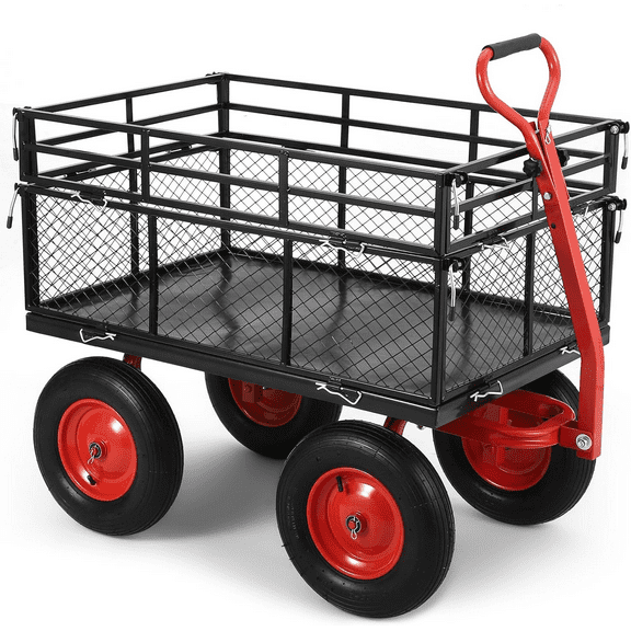 880lbs Steel Garden Dump Cart, Heavy Duty Yard Dump Utility Wagon w Removable Mesh Sides, Utility Metal Wagon w 180° Rotating Handle, 10-Inch Wheels Perfect for Garden, Farm, Yard
