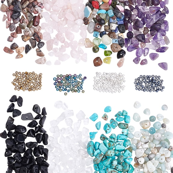 880pcs Drilled Natural Gemstone Chip Beads 8 Styles Irregular Gemstones with 8 Colors Glass Seed Beads 3mm Small Round BeadsDIY
