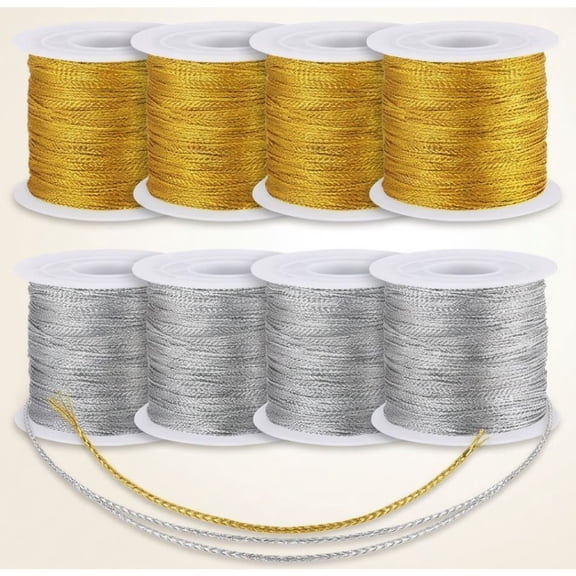 880yards x 1mm Metallic Cord Tinsel Rope for Ornament Hooks and Gift Wrapping, Ribbon Wrap Thread Tag Cord for Craft Making(Gold, Silver)
