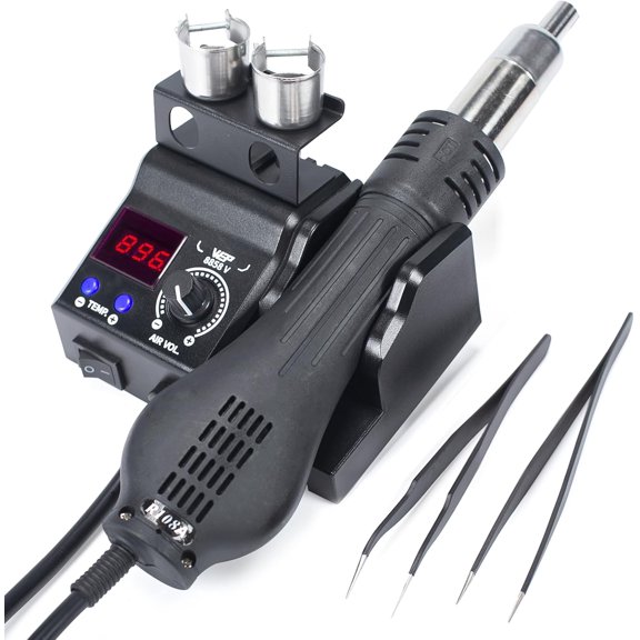 8858-V Hot Air Rework Station Kit with Compact Size, Integrated Nozzle Holder, 3 Nozzles, 2 Tweezers, Adjustable Temperature& Volume, PID Program, C/F Conversion and More