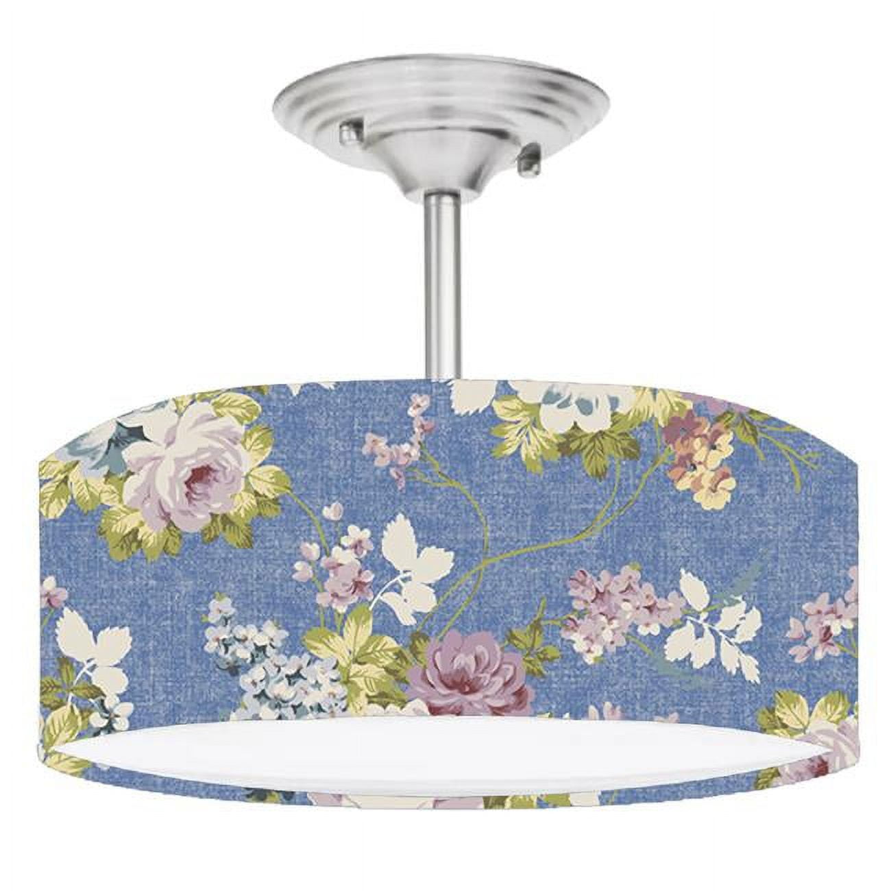 888 Cool Fans DR-0001097 Rose Garden Floral on Blue 2-Light Brushed Nickel Drum Style LED Lamp Fixture