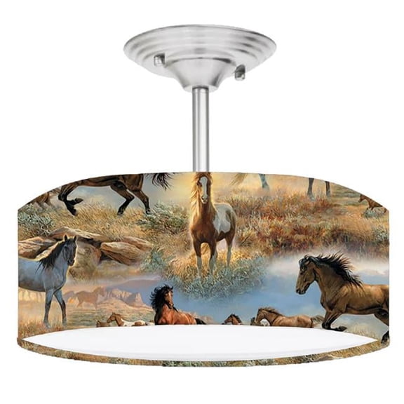888 Cool Fans DR-0001109 Horse Lover 2 Light Brushed Nickel Drum Style LED Lamp Fixture