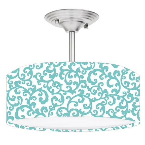 888 Cool Fans DR-0001114 Tiny Teal Swirls Vines on White 2 Light Brushed Nickel Drum Style LED Lamp Fixture
