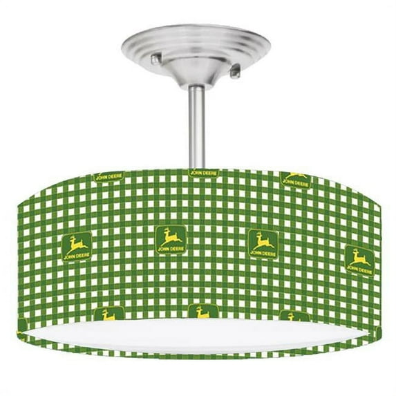 888 Cool Fans DR-0001134 John Deere Green Buffalo Check 2 Light Brushed Nickel Drum LED Lamp Fixture