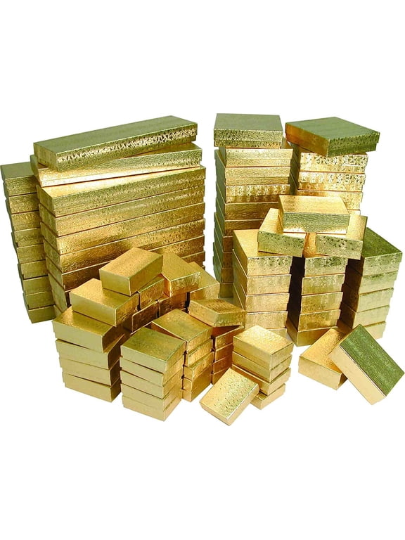 888 Display - Pack of 10 Boxes of 5 3/8" x 3 7/8" x 1"H Gold Textured Cotton Filled Jewelry Boxes