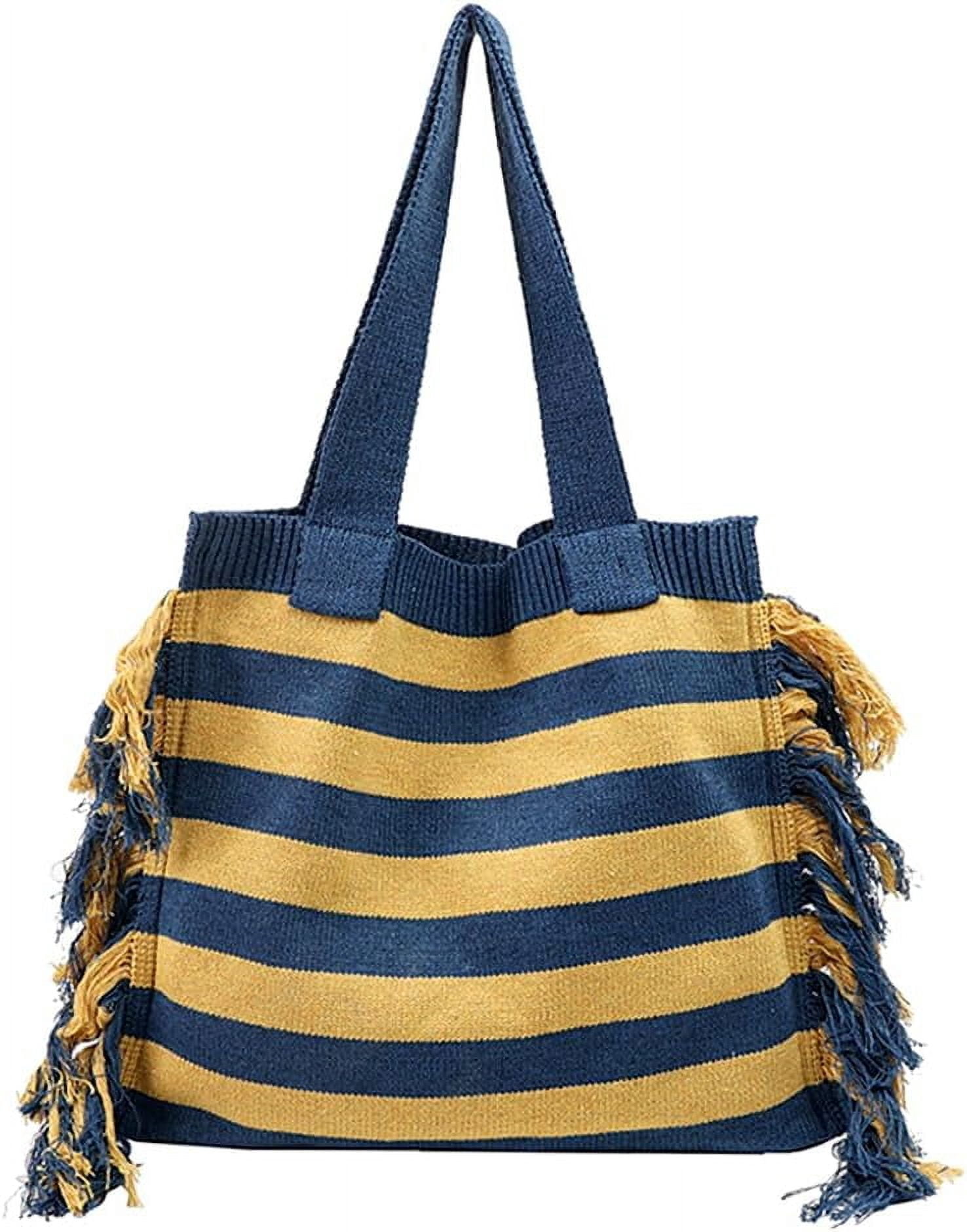 JennyShop Trendy Knitted Shoulder Handbag Striped Tote Bag with Tassel Decoration Color Blocked Crochet Underarm Bag