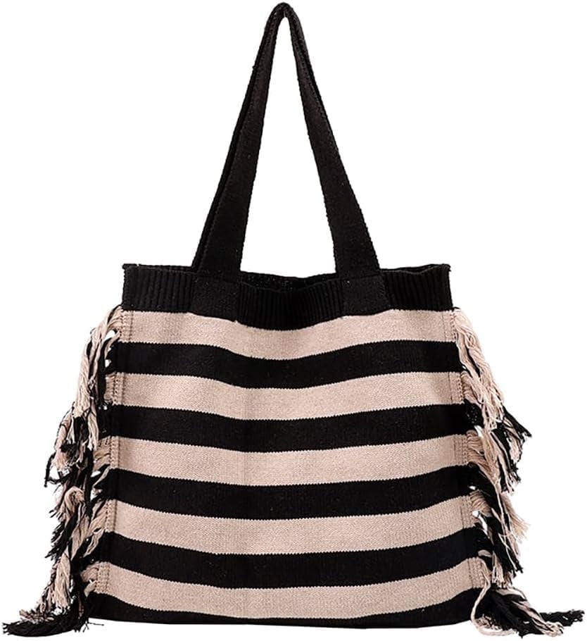 JennyShop Trendy Knitted Shoulder Handbag Striped Tote Bag with Tassel Decoration Color Blocked Crochet Underarm Bag