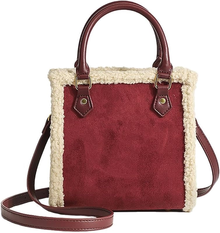 JennyShop Trendy PU Tote Handbag Premium Bag, Square Purse Fashionable Shoulder Bag with Faux Lambswool Decoration for Women