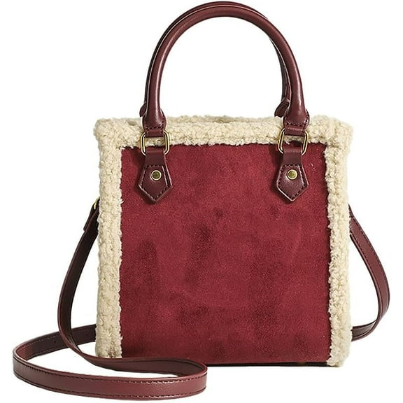 JennyShop Trendy PU Tote Handbag Premium Bag, Square Purse Fashionable Shoulder Bag with Faux Lambswool Decoration for Women