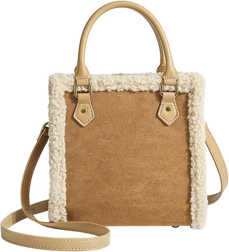 JennyShop Trendy PU Tote Handbag Premium Bag, Square Purse Fashionable Shoulder Bag with Faux Lambswool Decoration for Women