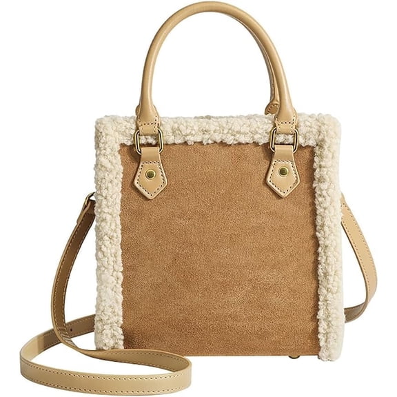 JennyShop Trendy PU Tote Handbag Premium Bag, Square Purse Fashionable Shoulder Bag with Faux Lambswool Decoration for Women