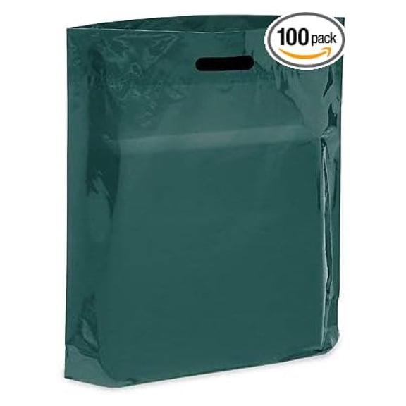 889 Display USA, Inc - 100 Qty Dark Forest Green 20" x 20" Patch Handle Plastic Tote Bags - for Merchandise/Store Supply/Gorcery/Clothing