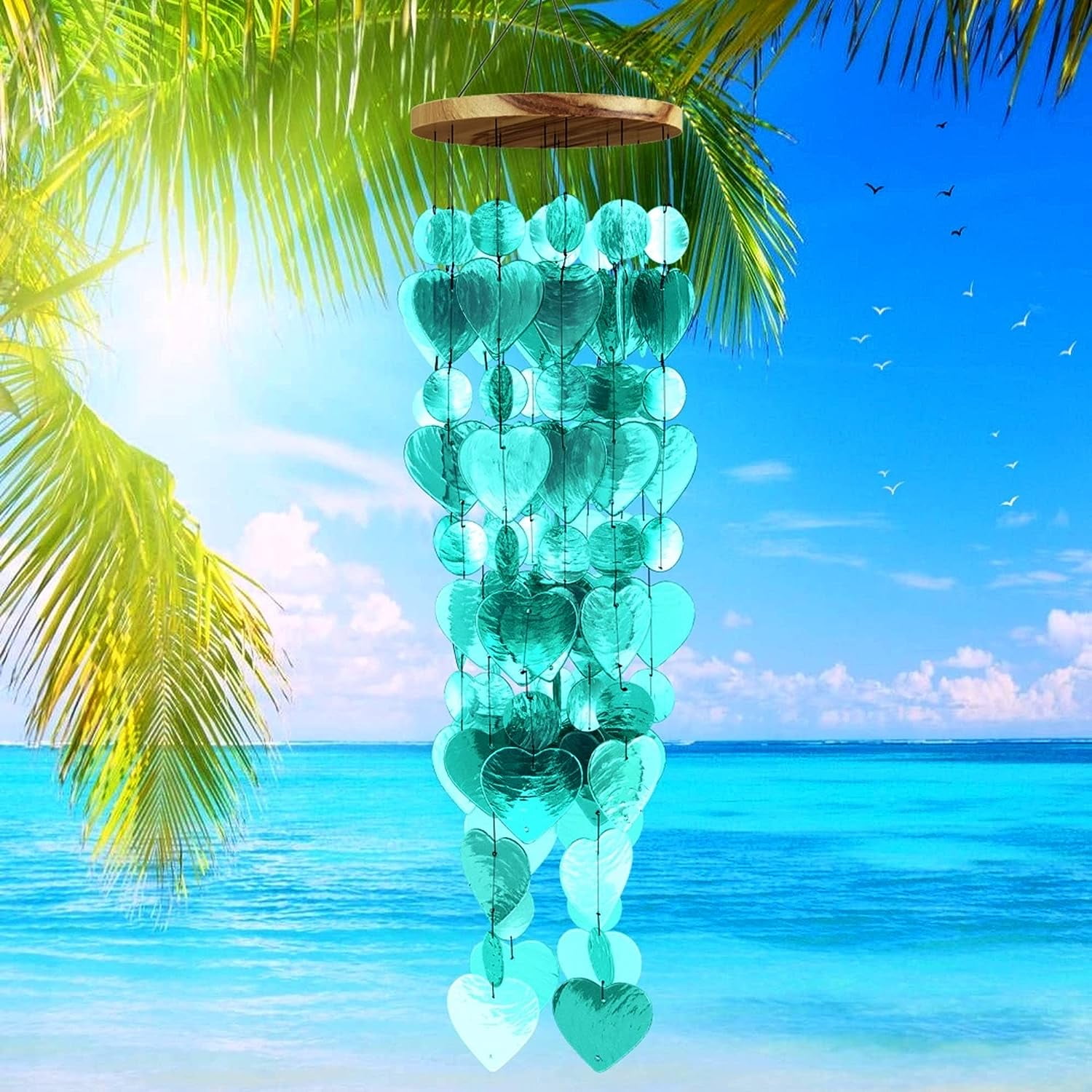 Aqua Heart Capiz Shell Glass Wind Chimes with Teak Plate